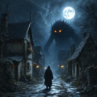 The primary subject of the image is a man walking down a street at night. The setting is a small village with a cobblestone road, and the visual style is a digital art illustration. The colors and mood of the image are dark and mysterious, with the man being the only visible figure in the scene.